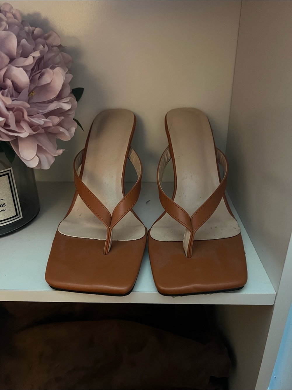 Classic Tan Square-Toe Thong Heels - Women